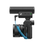 Sennheiser MKE 400 compact shotgun microphone mounted on DSLR camera for video recording