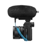 Sennheiser MKE 400 compact shotgun microphone showing capsule and mounting hardware detail