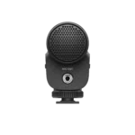 Sennheiser MKE 400 compact shotgun microphone showing capsule and mounting hardware detail