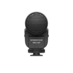 Sennheiser MKE 400 compact shotgun microphone showing professional audio capsule and mounting hardware