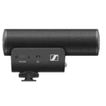 Sennheiser MKE 400 compact shotgun microphone shown from side angle with mounting bracket