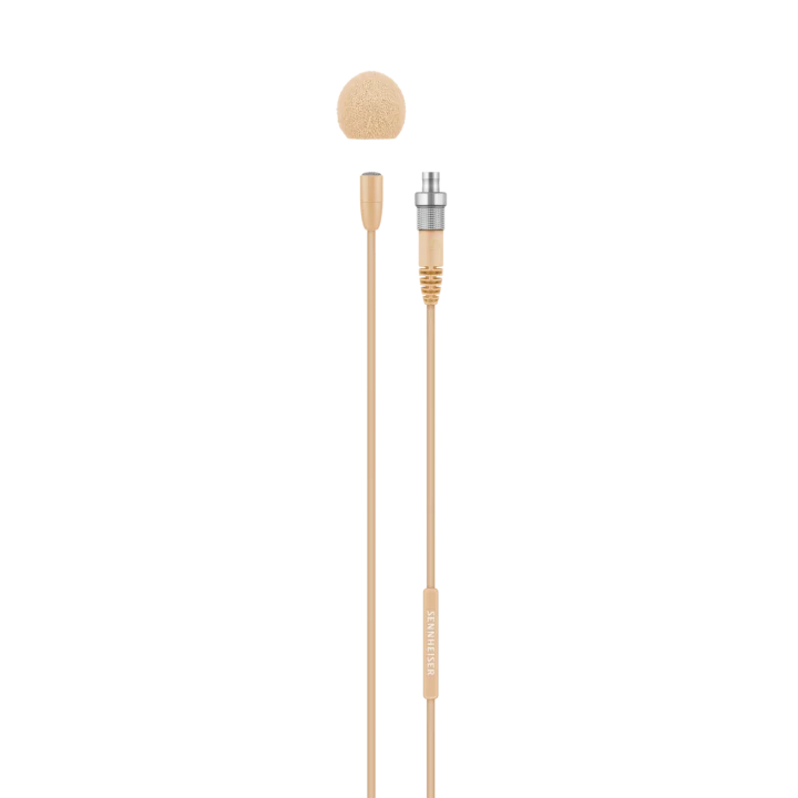 Sennheiser MKE Essential omnidirectional lavalier microphone in beige with 3-pin connector detail