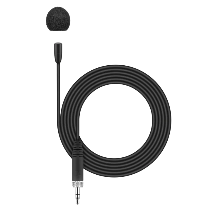 Sennheiser MKE Essential omnidirectional lavalier microphone with black finish and windscreen