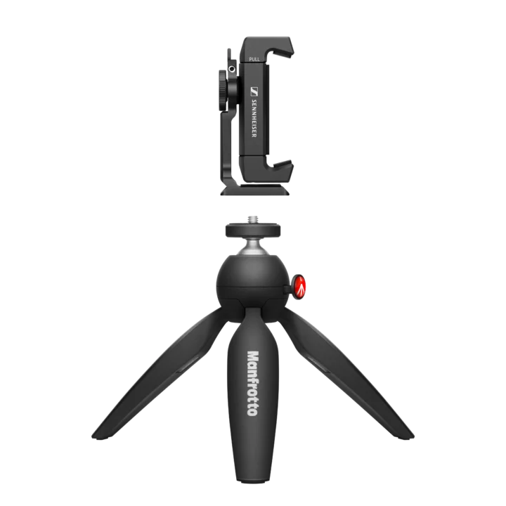 Sennheiser Mobile Kit mini tripod with smartphone clamp mounted on stand, front view