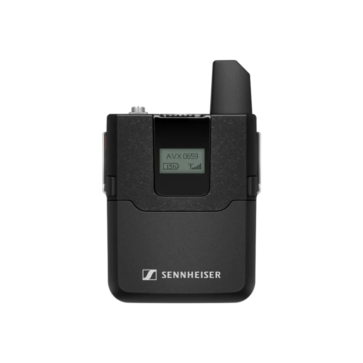 Sennheiser SK AVX-4 digital wireless bodypack transmitter front view with display screen and controls