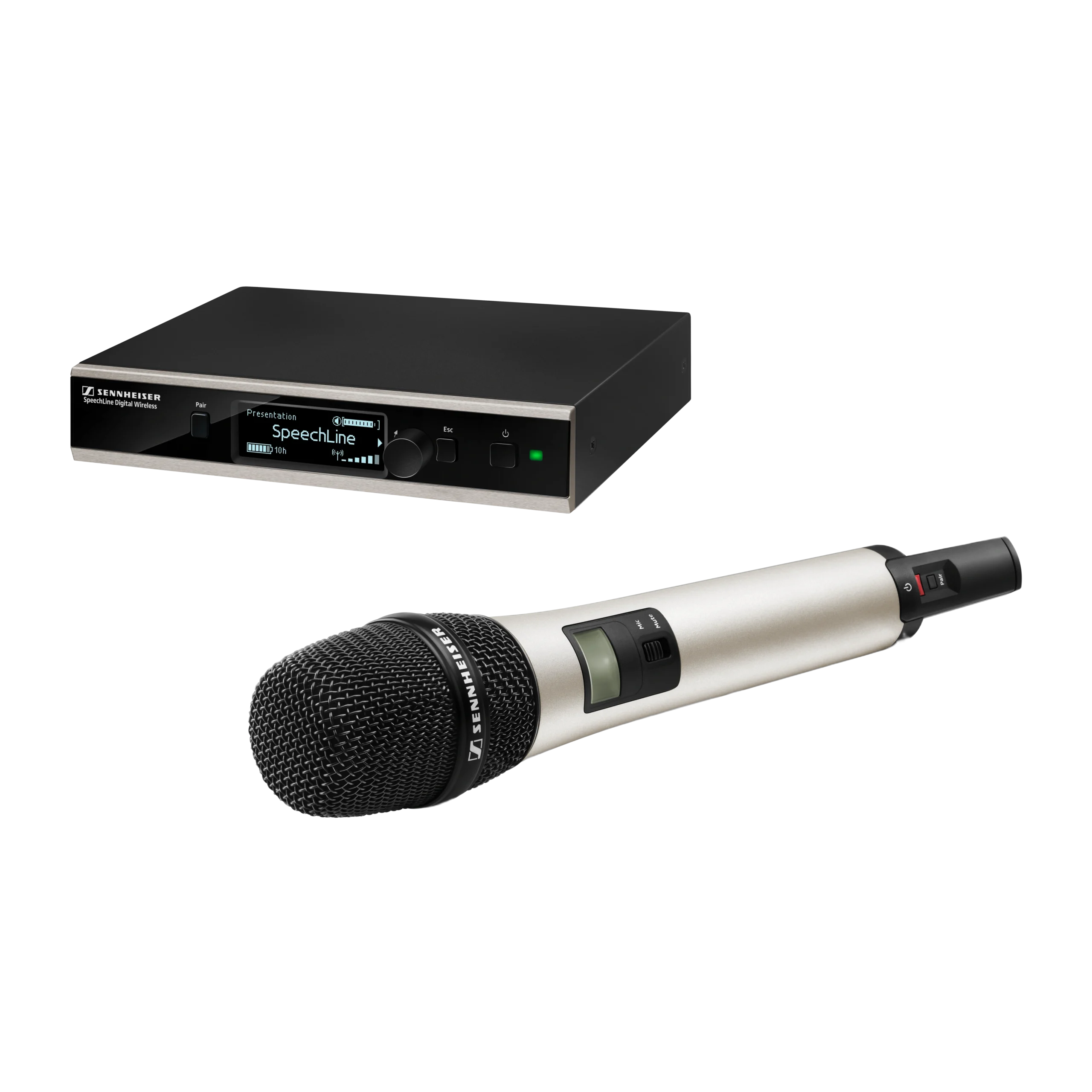 Sennheiser SL Handheld Wireless Microphone Set Front View Sennheiser SL handheld wireless microphone set with transmitter and receiver components front view