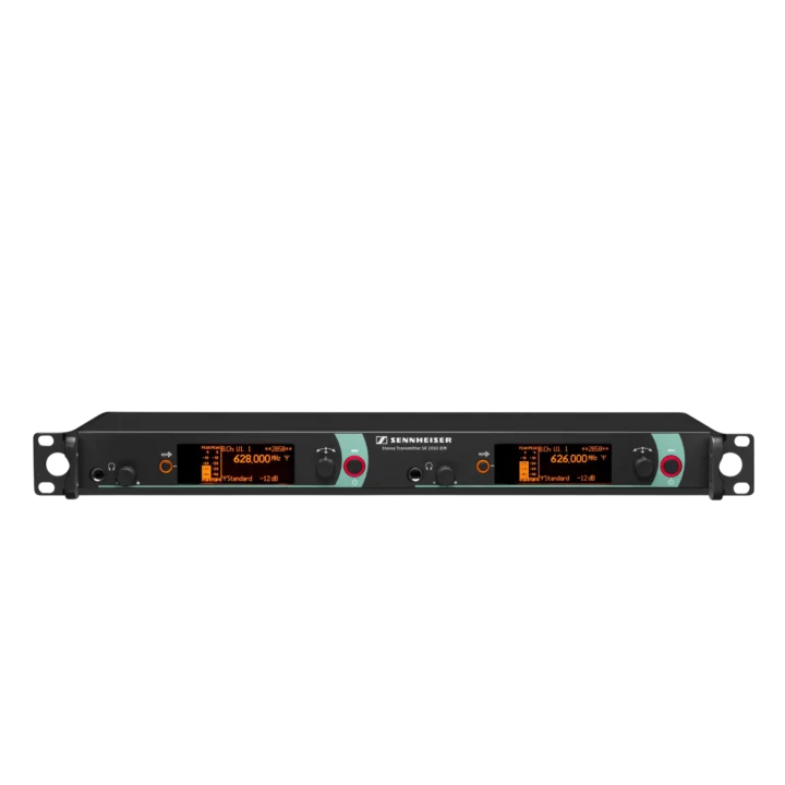 Sennheiser SR 2050XP IEM-AW+ wireless transmitter rear panel showing antenna connectors and output ports