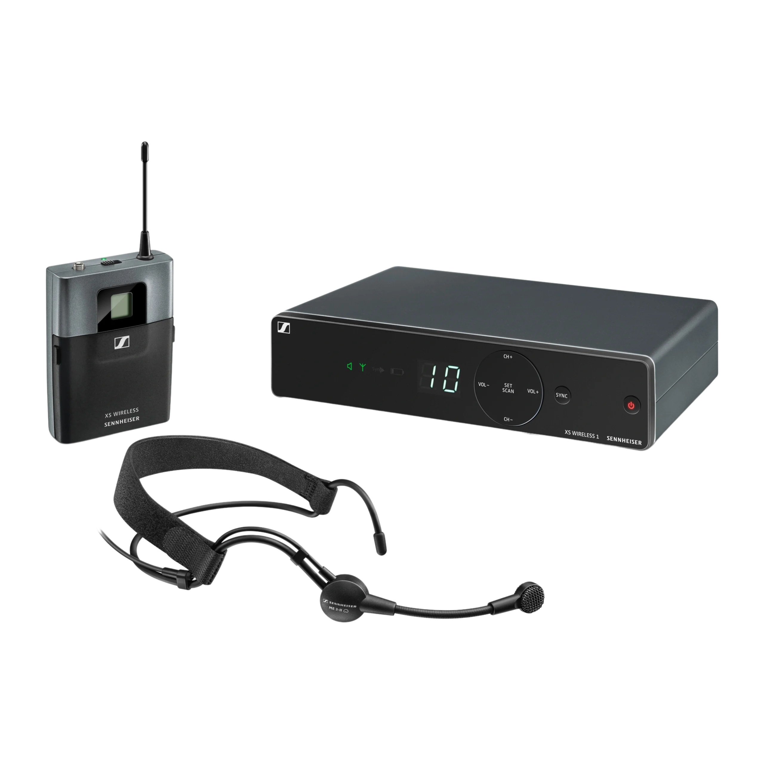 Sennheiser XSW 1-ME3-A Wireless Headmic Set Front View Sennheiser XSW 1-ME3-A wireless headmic set with headworn microphone and bodypack transmitter