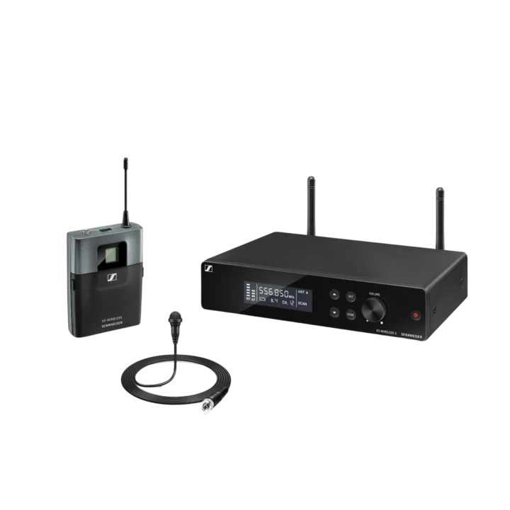 Sennheiser XSW 2-ME2-A wireless lavalier microphone set with receiver and transmitter components