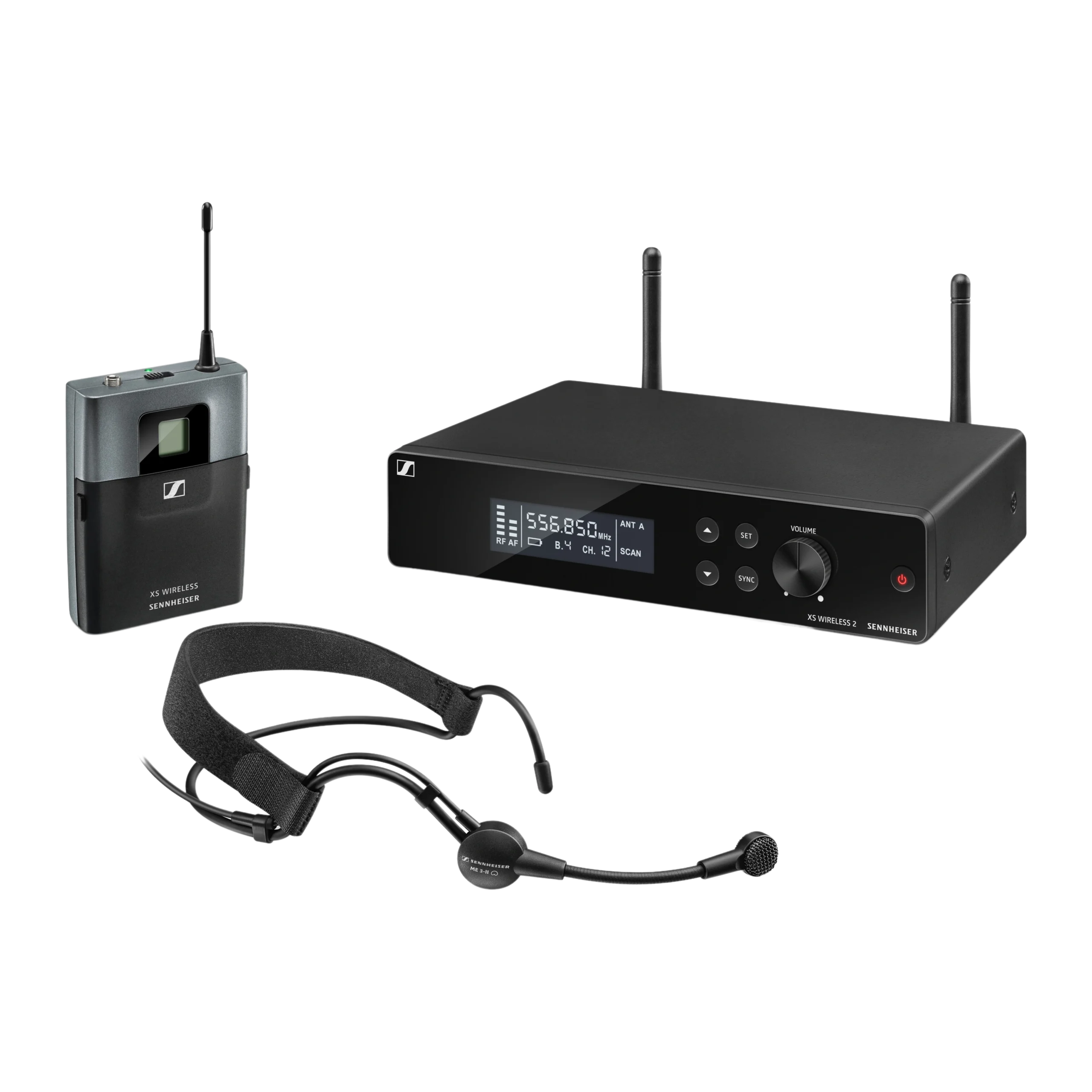 Sennheiser XSW 2-ME3-A Wireless Headmic Set Front View Sennheiser XSW 2-ME3-A wireless headmic set with headworn microphone and bodypack transmitter