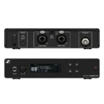 Sennheiser XSW IEM SR stereo transmitter showing detailed control panel and LCD display interface