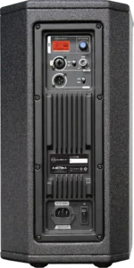 Sound Barrier CV8 8-inch active two-way full-range loudspeaker with DSP controls and connectivity ports visible from side angle