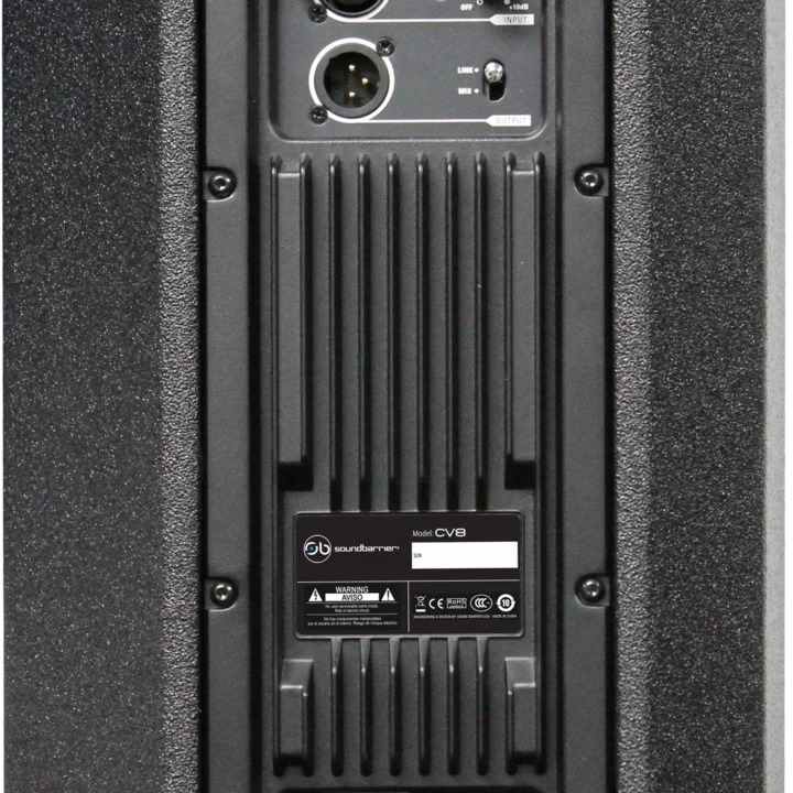 Sound Barrier CV8 8-inch active two-way full-range loudspeaker with DSP controls and connectivity ports visible from side angle