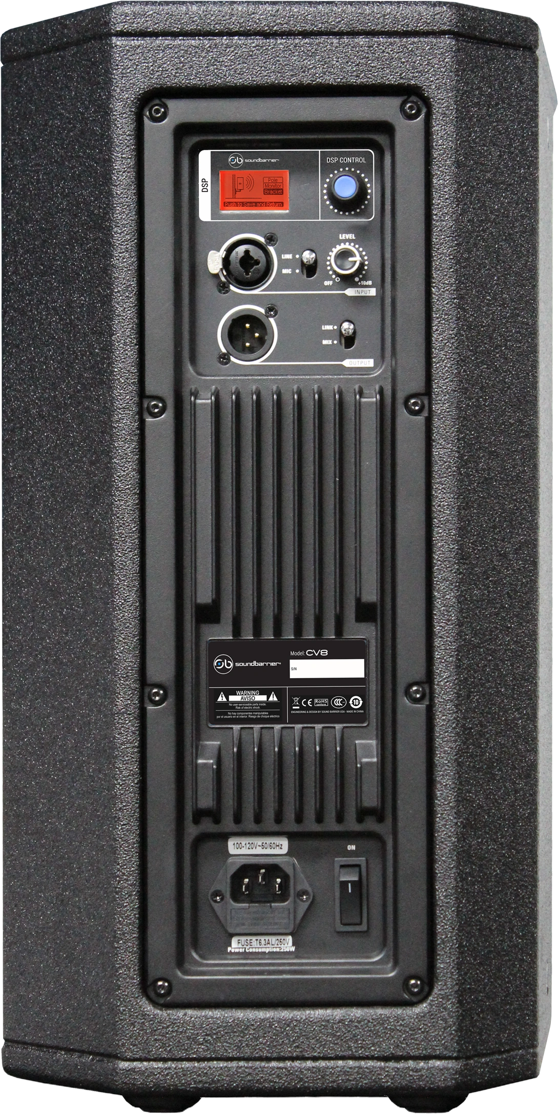 Sound Barrier CV8 8 Inch Active Speaker Side View Sound Barrier CV8 8-inch active two-way full-range loudspeaker with DSP controls and connectivity ports visible from side angle