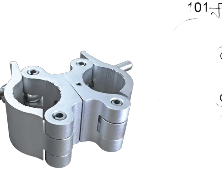 Sound Barrier DC360 360-degree swivel clamp mechanism detail showing heavy-duty construction for 2-inch tube truss