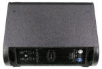 Sound Barrier FM12CXA 12-inch active coaxial stage monitor speaker showing DSP control panel and input connectors