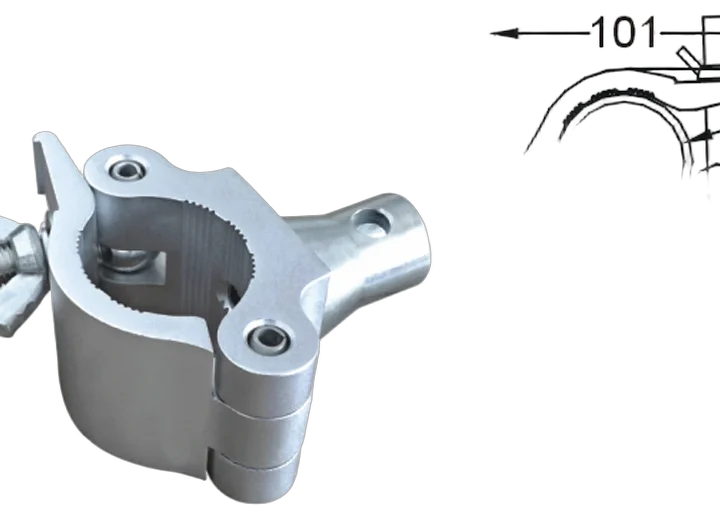 Sound Barrier IC20 heavy-duty wrap-around clamp with half-coupler for 2-inch tube truss, close-up detail view