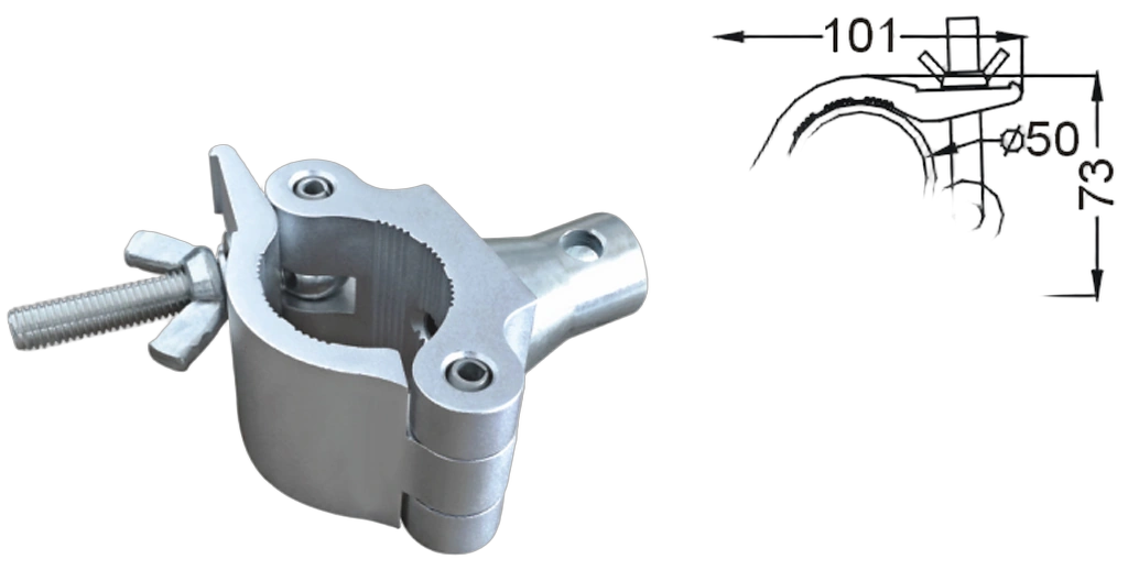 Sound Barrier IC20 Wrap-Around Clamp Half-Coupler Detail Sound Barrier IC20 heavy-duty wrap-around clamp with half-coupler for 2-inch tube truss, close-up detail view