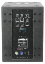 Sound Barrier iLX10DSUB 10-inch active subwoofer rear panel showing XLR inputs, crossover controls, and power connections