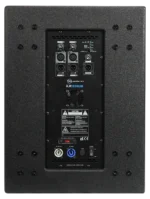 Sound Barrier iLX12DSUB 12-inch active subwoofer rear panel showing XLR inputs, crossover controls, and power connections