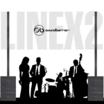 Sound Barrier LX210AS active subwoofer dimensional diagram showing height, width, depth measurements and specifications