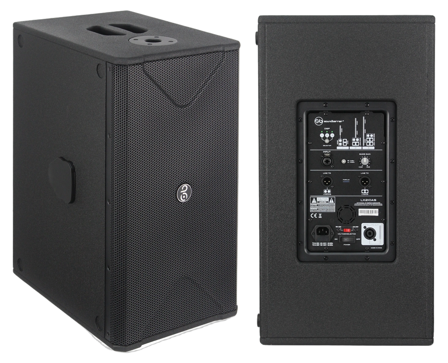 Sound Barrier LX210AS Dual 10-inch Active Subwoofer Front View Sound Barrier LX210AS dual 10-inch active subwoofer system with DSP controls and front-facing drivers