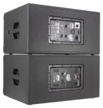 Sound Barrier LX210AS dual 10-inch active subwoofer rear panel showing XLR inputs and DSP controls