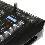 Sound Barrier MX8.3BT 8-channel powered mixer rear panel showing audio inputs, outputs, and connectivity ports