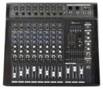 Sound Barrier MX8.3BT 8-channel powered mixer with faders, controls, and Bluetooth connectivity display