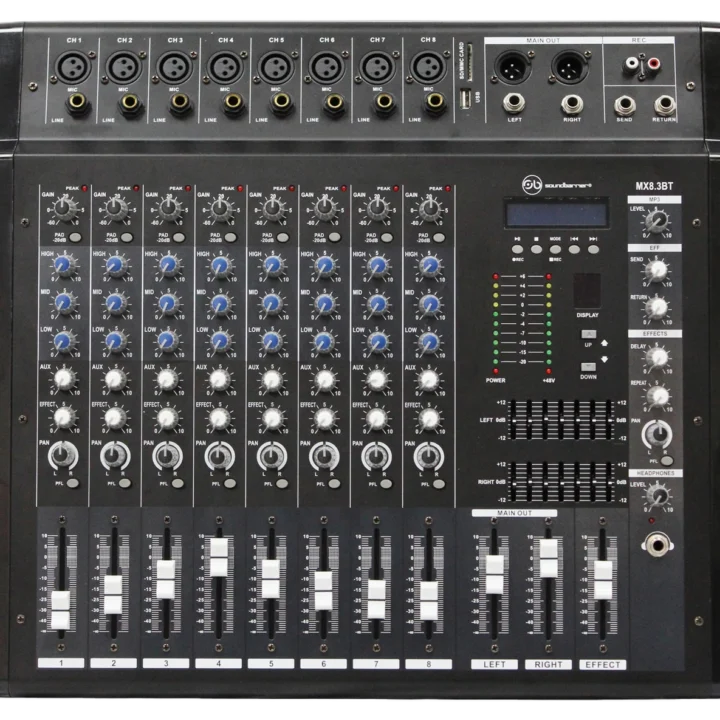 Sound Barrier MX8.3BT 8-channel powered mixer with faders, controls, and Bluetooth connectivity display