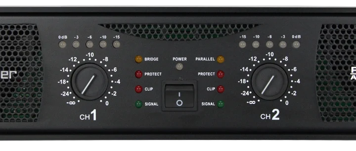 Sound Barrier PCS3400 two-channel 2700W analog power amplifier front view with controls and connectors