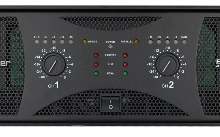 Sound Barrier PCS4000 two-channel 3400W analog power amplifier front view with controls and indicators