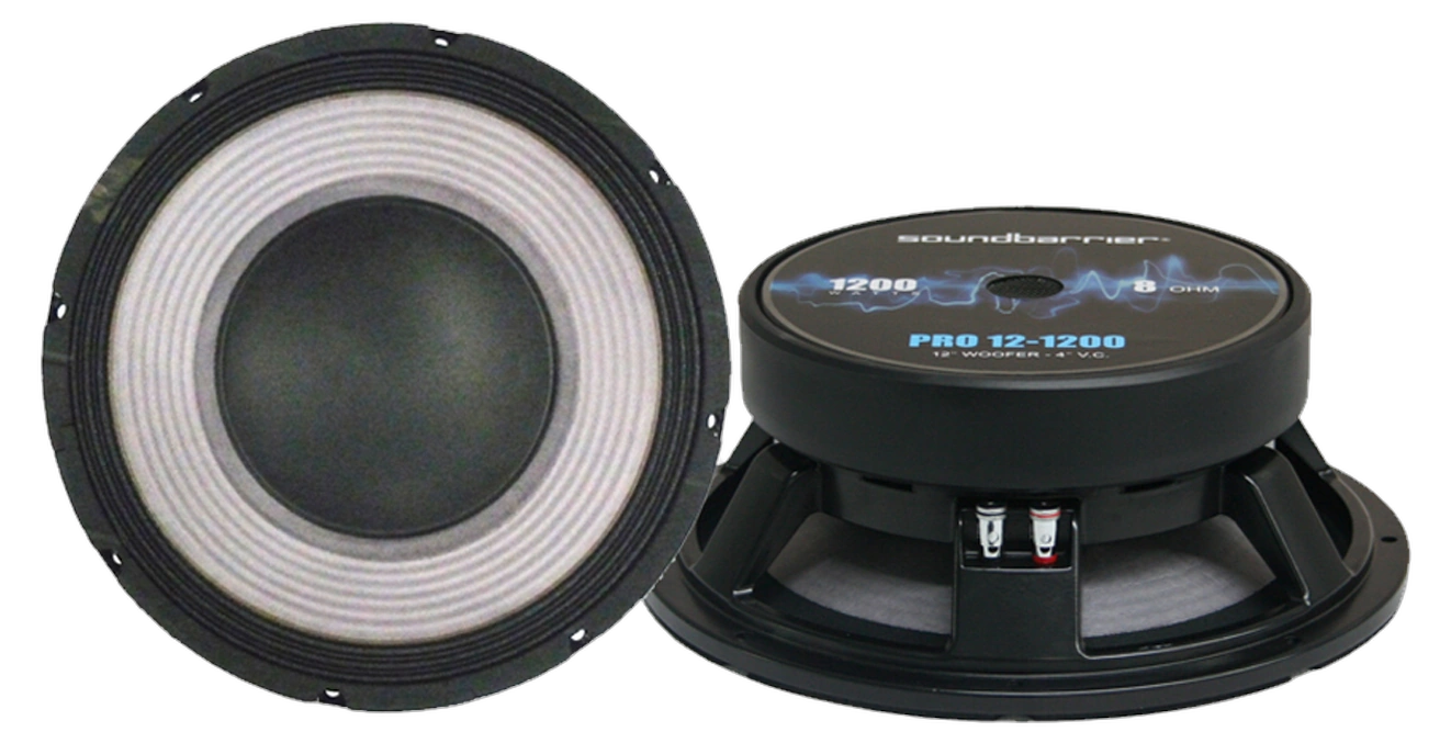 Sound Barrier PRO121200 12 Inch Woofer Front View Sound Barrier PRO121200 12 inch low frequency woofer with 4 inch voice coil front view