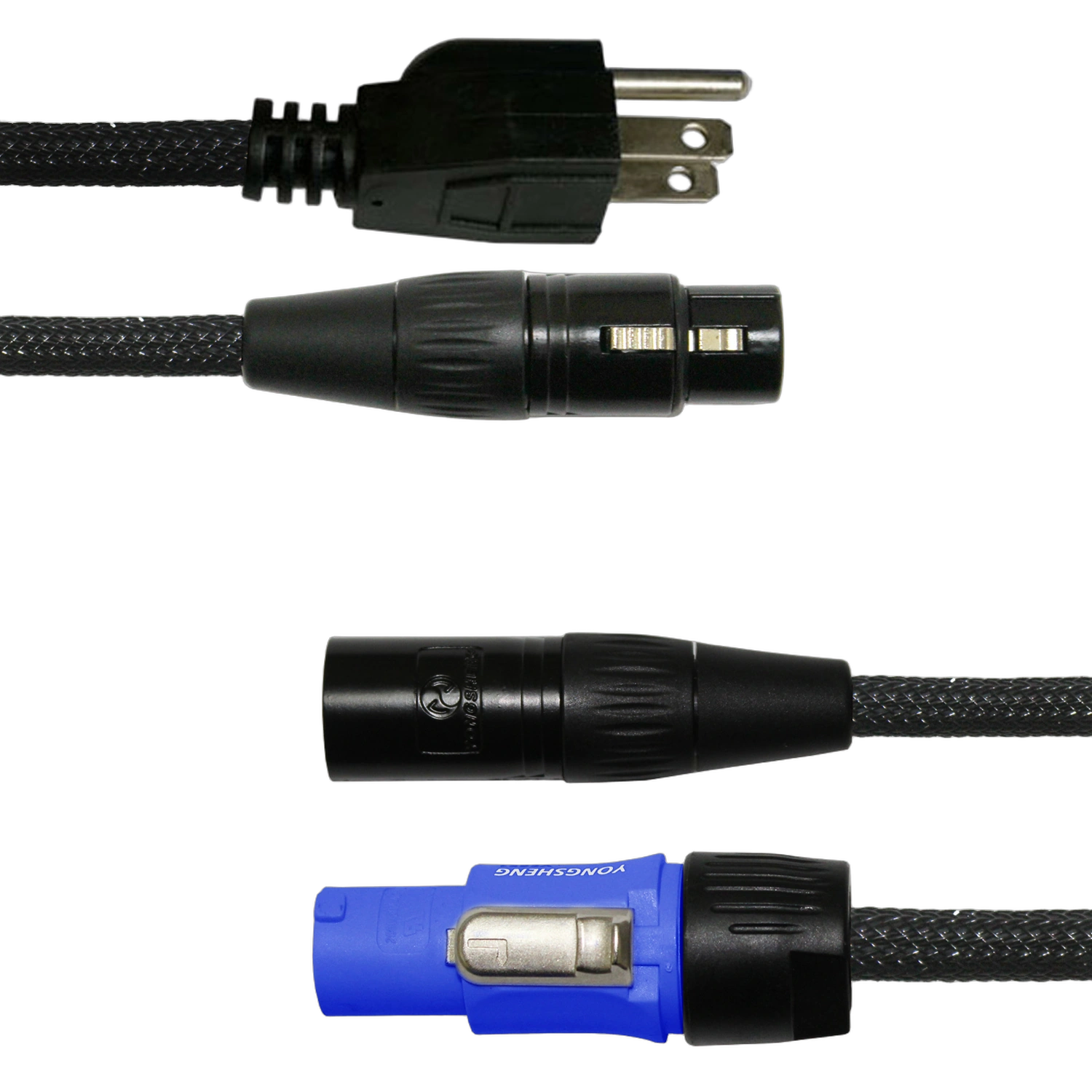 Sound Barrier PS10 PS16 Siamese Twin Power Cable Front Sound Barrier PS10 PS16 Siamese Twin AC powerCON to Edison audio cable connectors front view