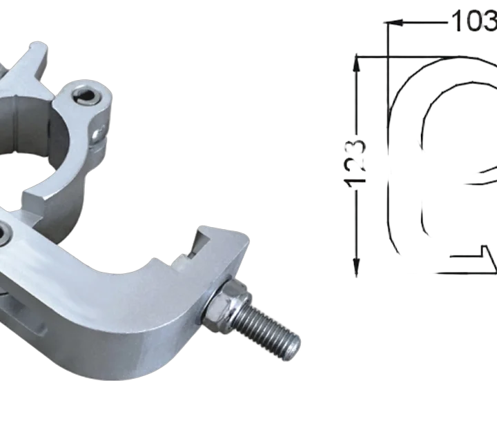 Sound Barrier QC40 medium-duty wrap-around trigger hook clamp for truss, detail view showing locking mechanism