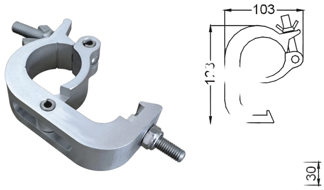 Sound Barrier QC40 Trigger Hook Clamp Detail View Sound Barrier QC40 medium-duty wrap-around trigger hook clamp for truss, detail view showing locking mechanism