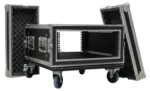 Sound Barrier SB4USMRX 4U anti-shock rack case with equipment mounted inside, showing professional audio setup