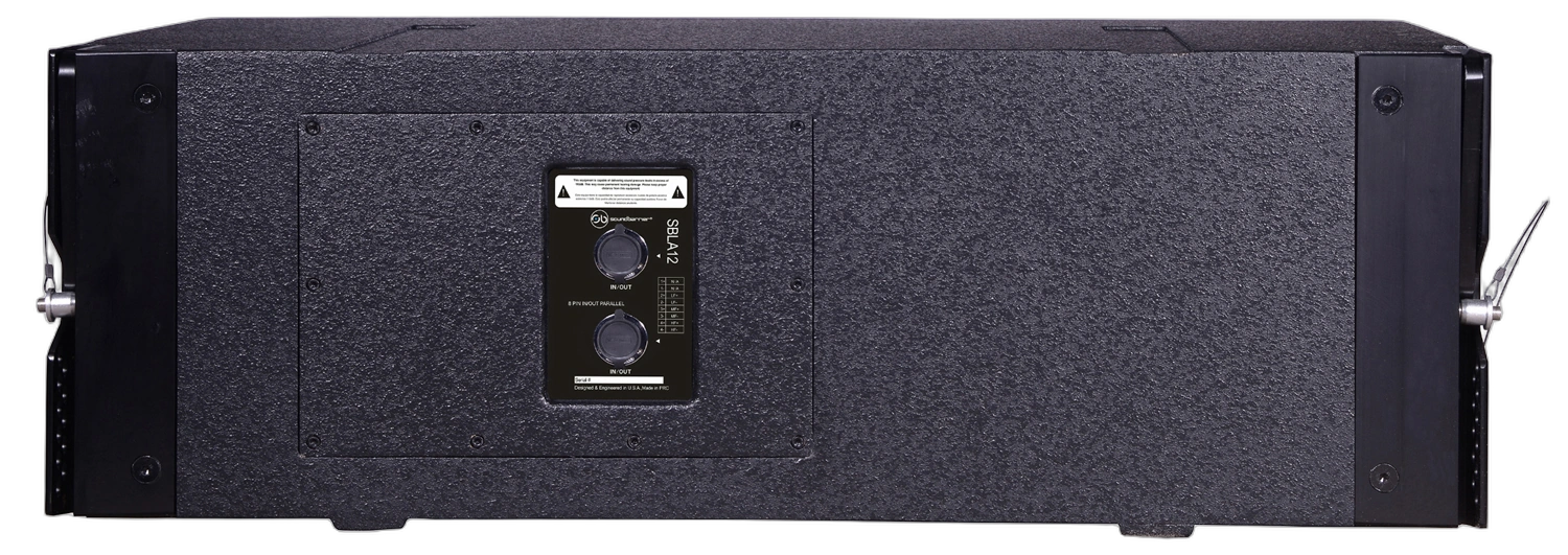 Sound Barrier SBLA12FF Line Array Speaker Detail View Sound Barrier SBLA12FF 12-inch passive three-way line array module showing internal speaker components and crossover detail