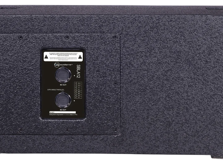 Sound Barrier SBLA12GS 12-inch passive three-way line array module showing internal speaker components and crossover detail