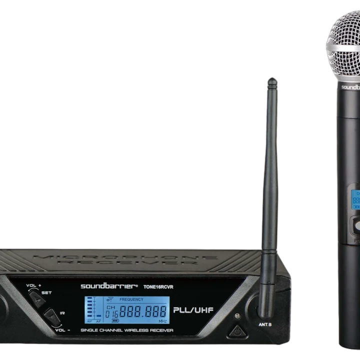 Sound Barrier TONE16 single UHF wireless microphone system with 16 frequency selectable channels and receiver unit