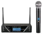 Sound Barrier VOZ2 dual UHF wireless microphone system rear panel showing antenna connectors and audio outputs