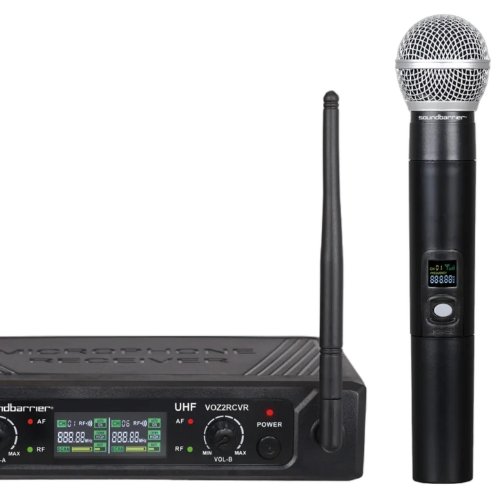 Sound Barrier VOZ2 dual UHF wireless microphone system with two handheld microphones and receiver unit