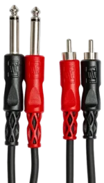 Hosa CPR-202 stereo interconnect cable showing dual 1/4 inch TS and RCA connectors in detail