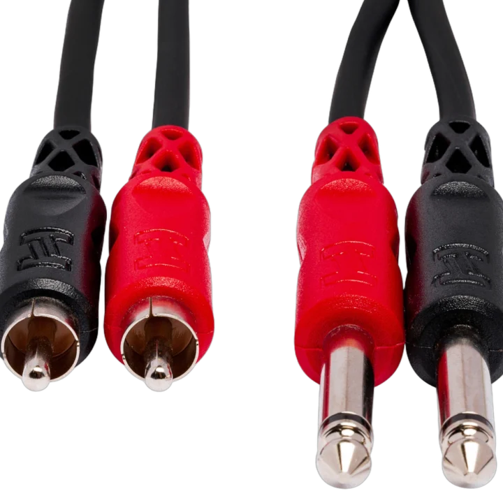 Hosa CPR-203 stereo interconnect cable showing dual 1/4 inch TS and RCA connectors close-up