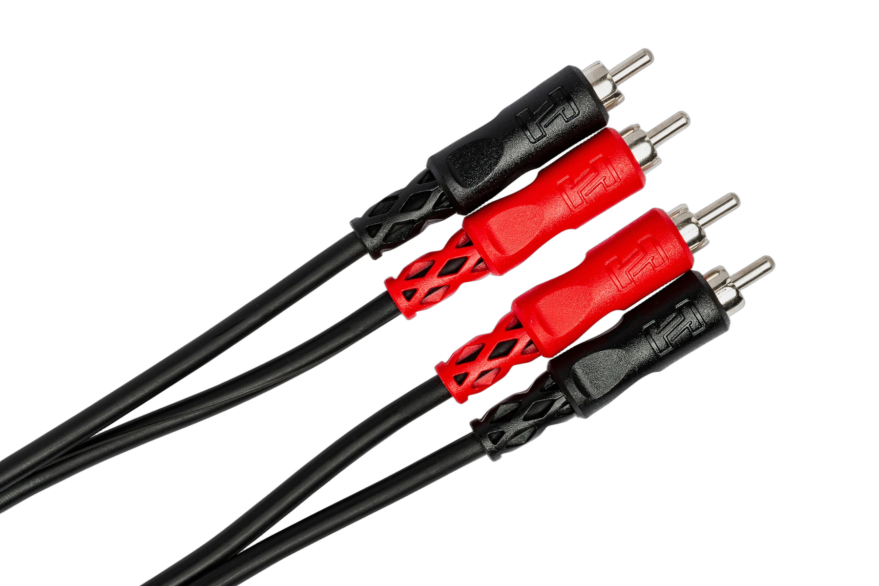 Hosa CRA-202 Stereo RCA Interconnect Cable Detail Hosa CRA-202 dual RCA stereo interconnect cable showing connector detail and cable construction