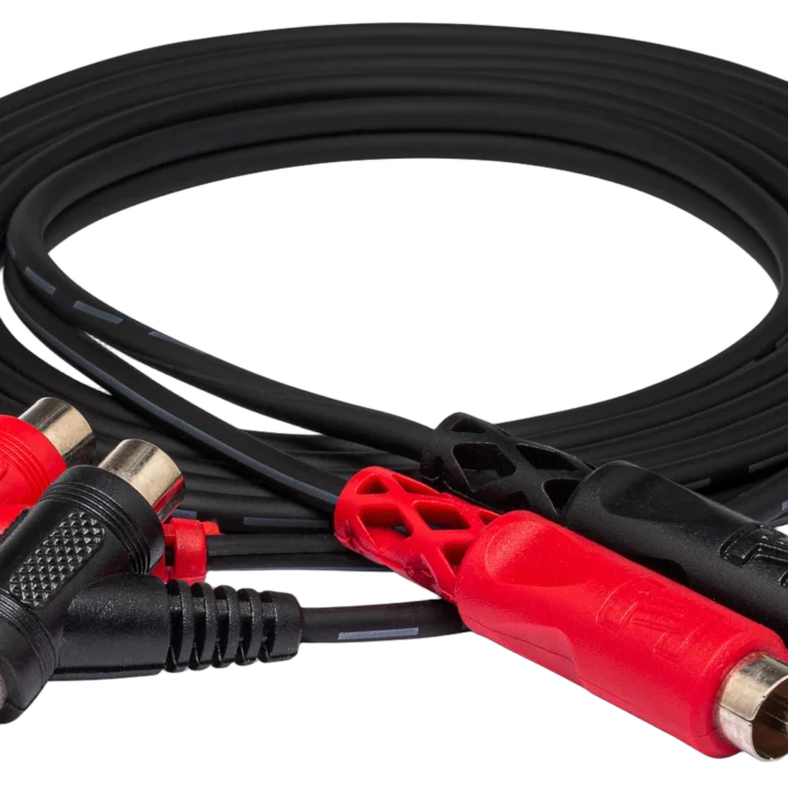 Hosa CRA-202PB dual RCA to piggyback RCA stereo interconnect cable with connectors visible