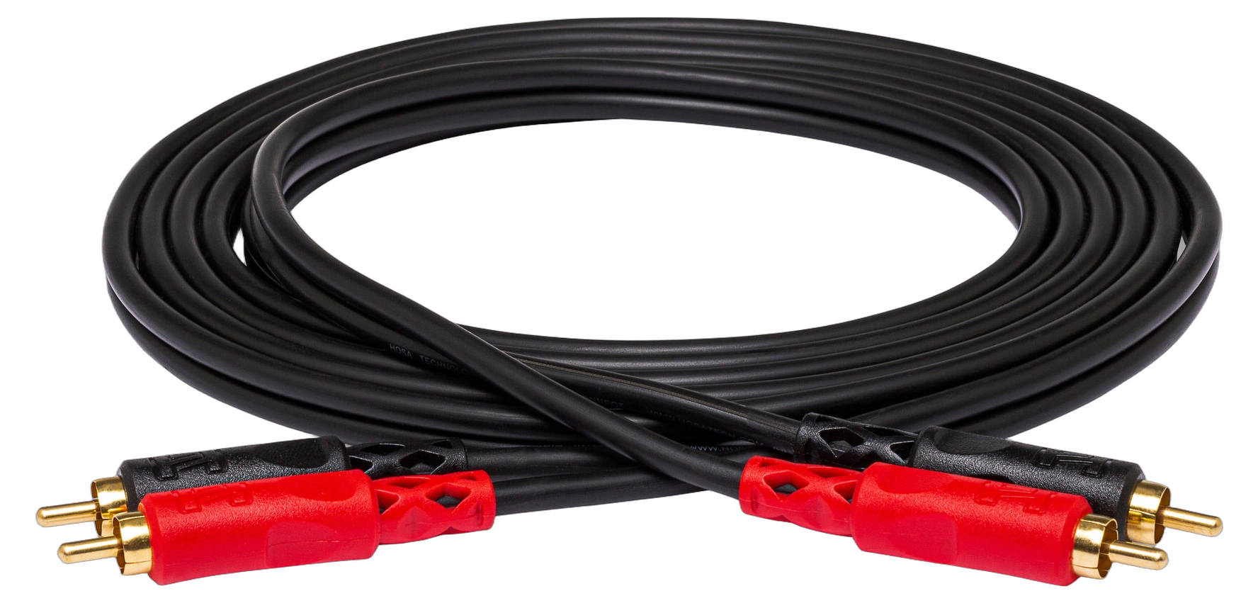 Hosa CRA-203AU Stereo RCA Interconnect Cable Detail Hosa CRA-203AU dual RCA stereo interconnect cable showing connector detail and cable construction
