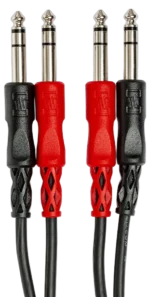 Hosa CSS-201 dual 1/4 inch TRS stereo interconnect cable connector detail showing professional audio connections