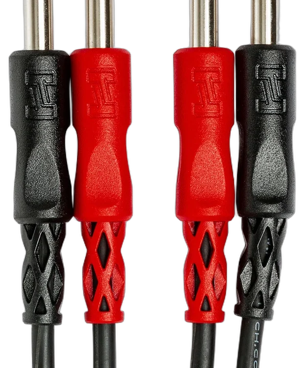 Hosa CSS-203 stereo interconnect cable showing dual 1/4 inch TRS connectors and cable construction detail