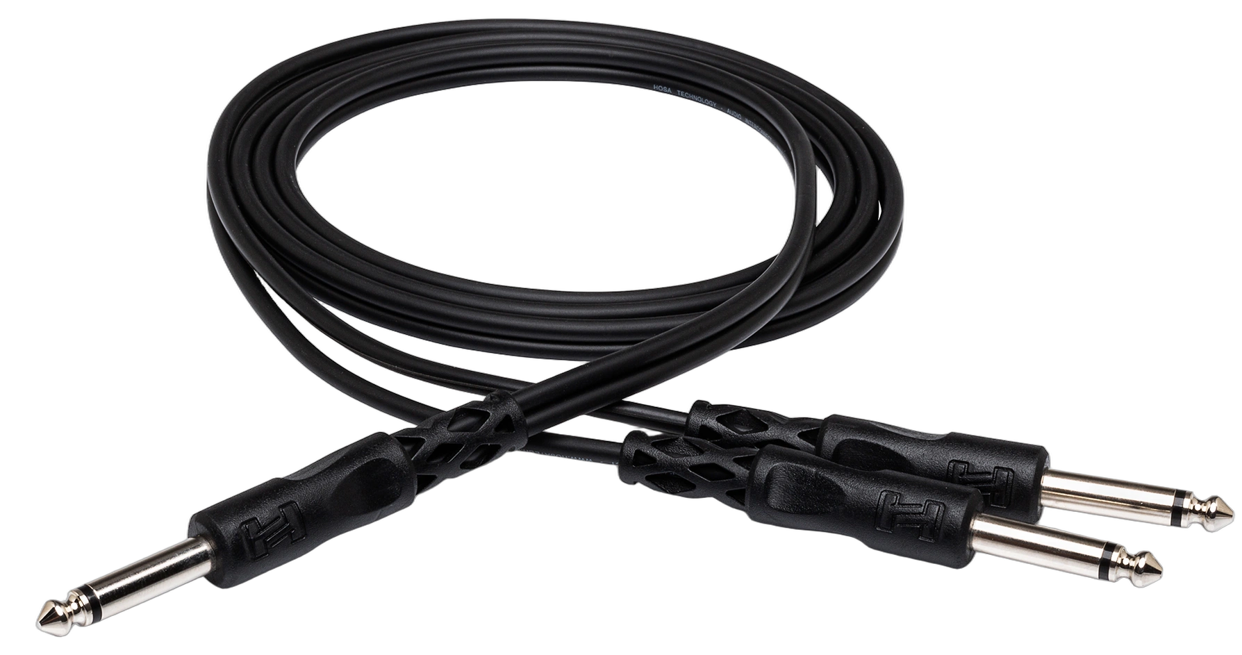 Hosa CYP-105 Y Cable 1/4 inch TS Connector Front View Hosa CYP-105 Y cable with single 1/4 inch TS input and dual 1/4 inch TS outputs, 5 foot length